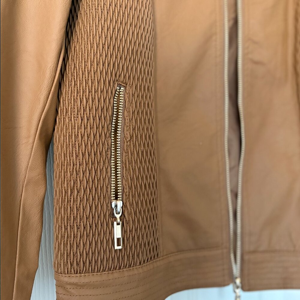 Brown Faux Leather Jacket | Size S (Fits Like a Medium) | Zip Front - Picture 4 of 7